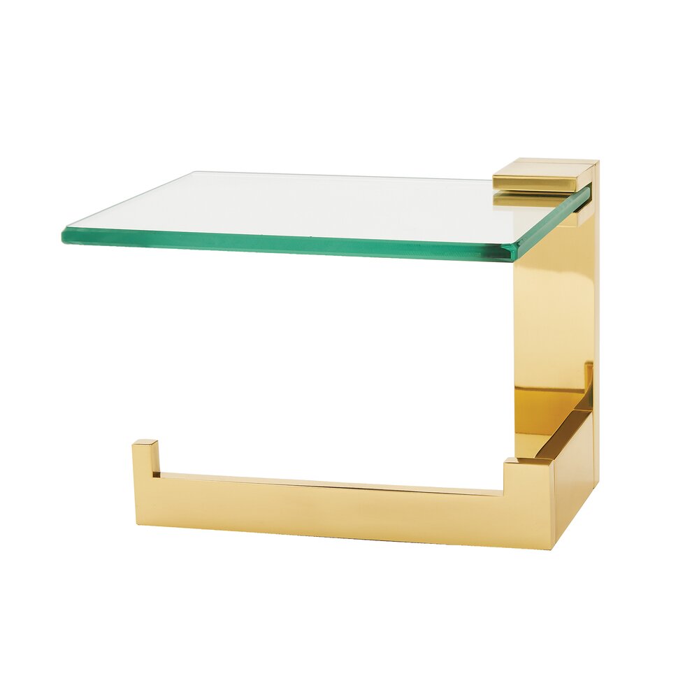 Left Hand Single Post Tissue Holder W/ Glass Shelf In Polished Brass